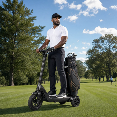 Golfer riding the Birdie Glide along a fairway with his bag on the back
