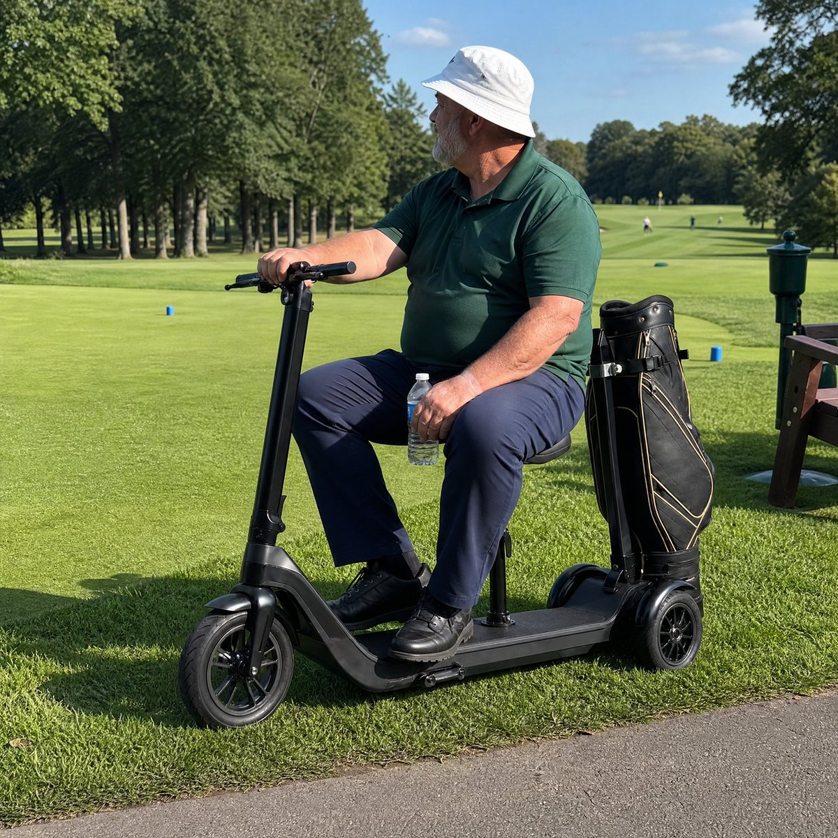Golfer sitting on the seated Birdie Glide beside a tee box
